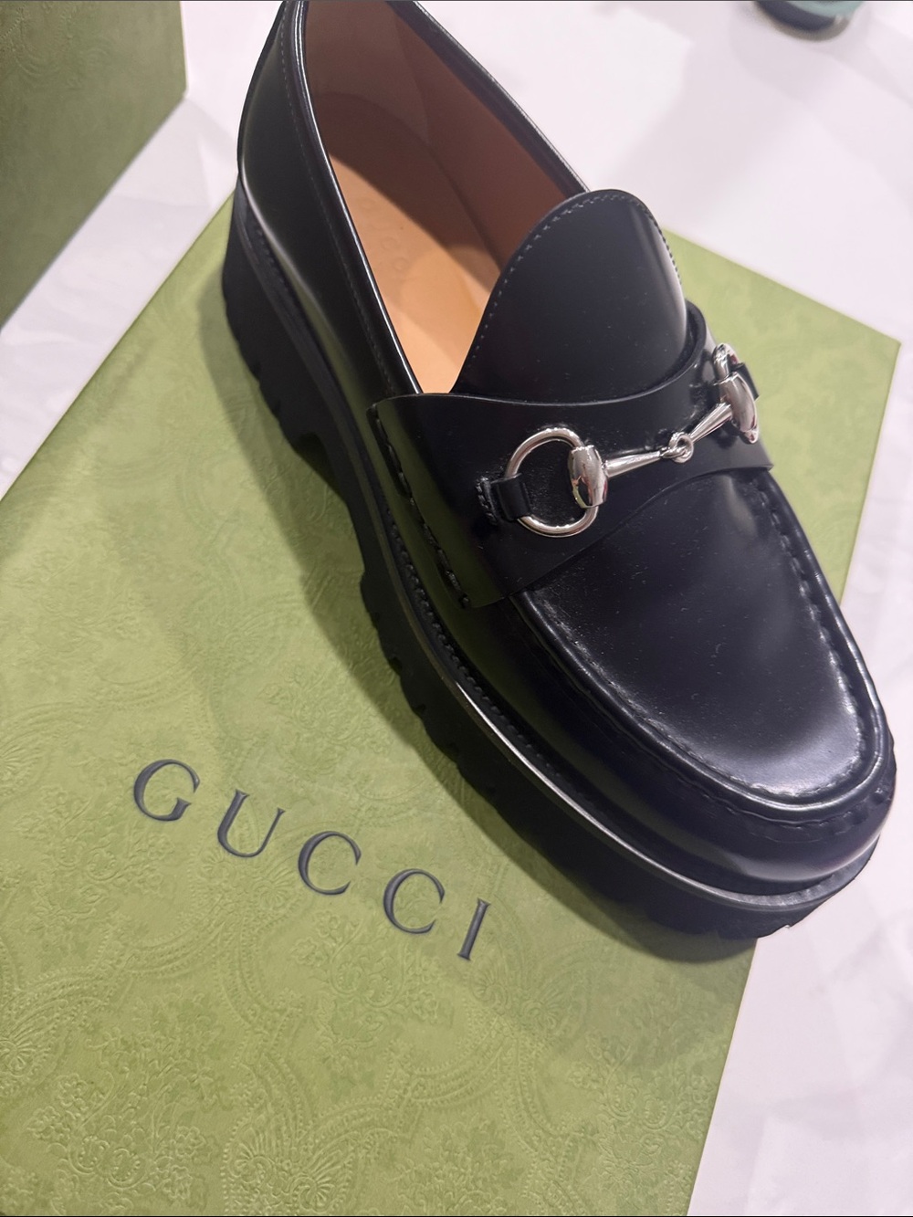 Gucci Black Leather Lug Sole Horsebit Loafer